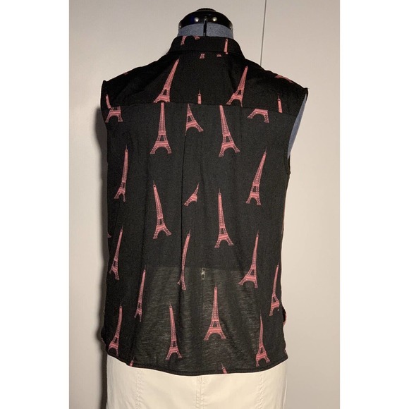 Eiffel Tower Print Paris Pink H&M Black Sleeveless Button Down Blouse Top Small - Picture 3 of 7